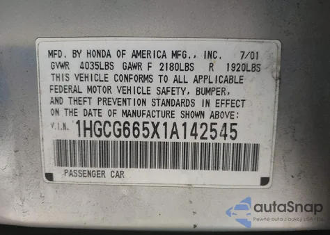 2001 Honda Accord 2.3 Lx from USA, damaged, VIN 1HGCG665X1A142545